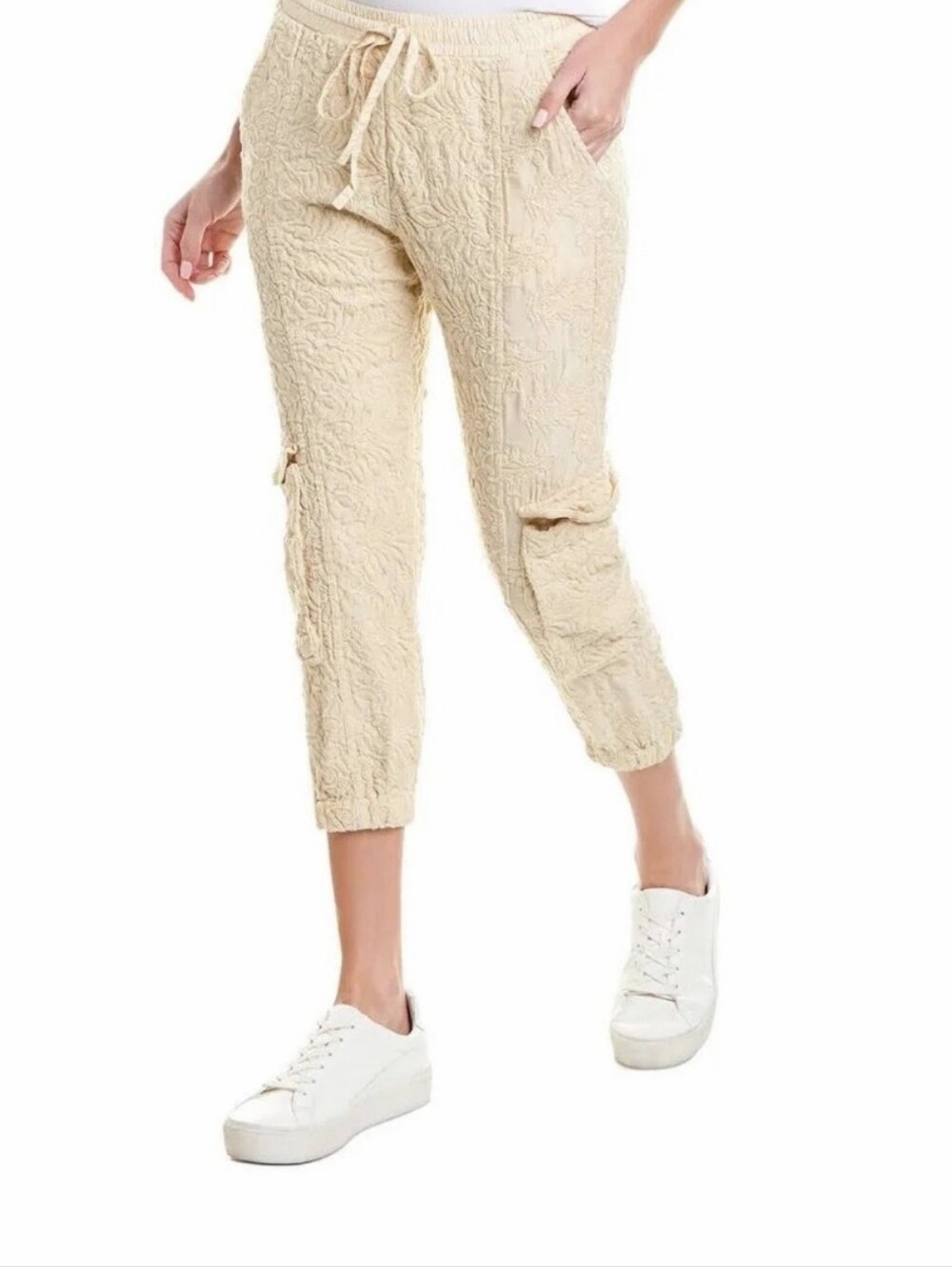 JOHNNY WAS Love Embroidered Joggers M Cargo Cropped Pants Cream